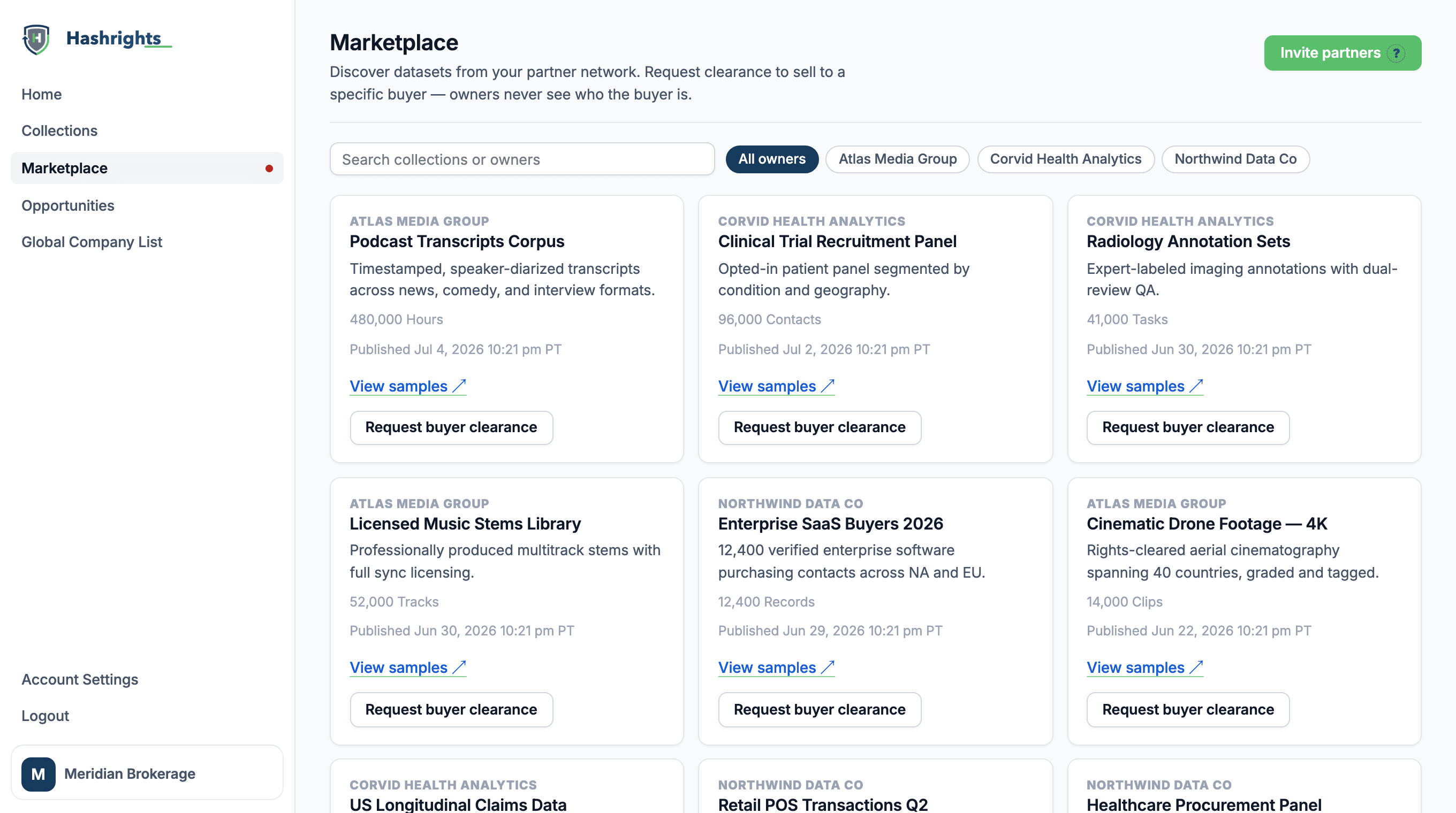 The Hashrights marketplace: a partner browsing published collections with quantities, samples, and a Request buyer clearance action.